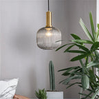 Ribbed Glass Globe Pendant Light with Brass Cylinder Fixture