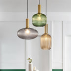 Ribbed Glass Globe Pendant Light with Brass Cylinder Fixture