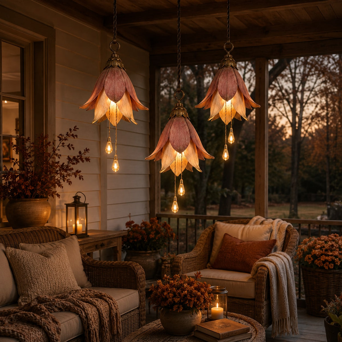 Vintage Hanging Flower Pendant Light with Dangling Bulbs for Porch and Patio
