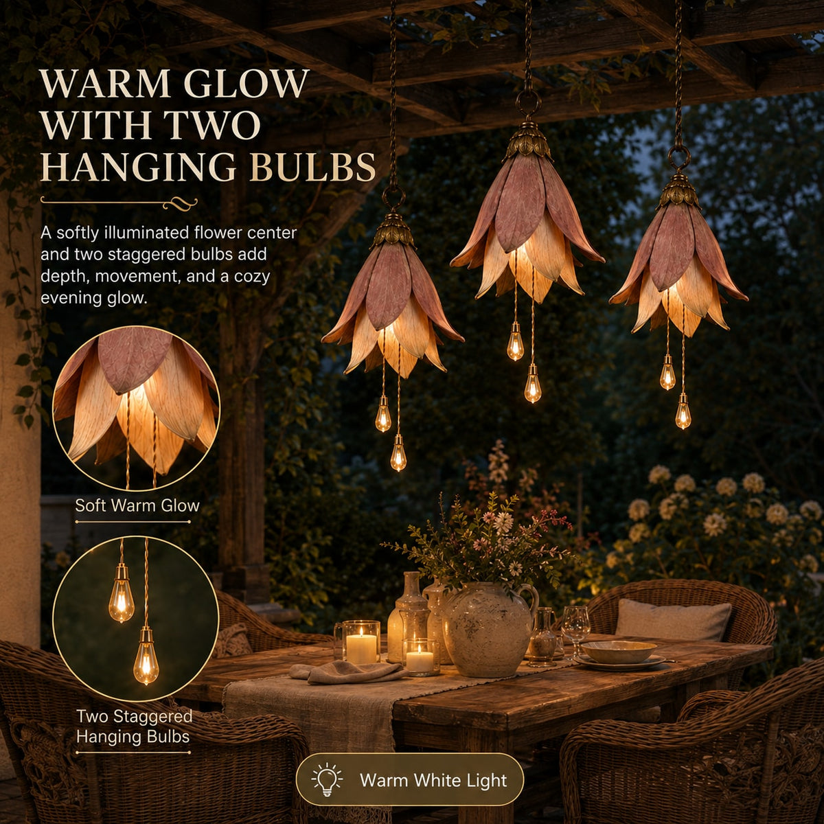 Vintage Hanging Flower Pendant Light with Dangling Bulbs for Porch and Patio