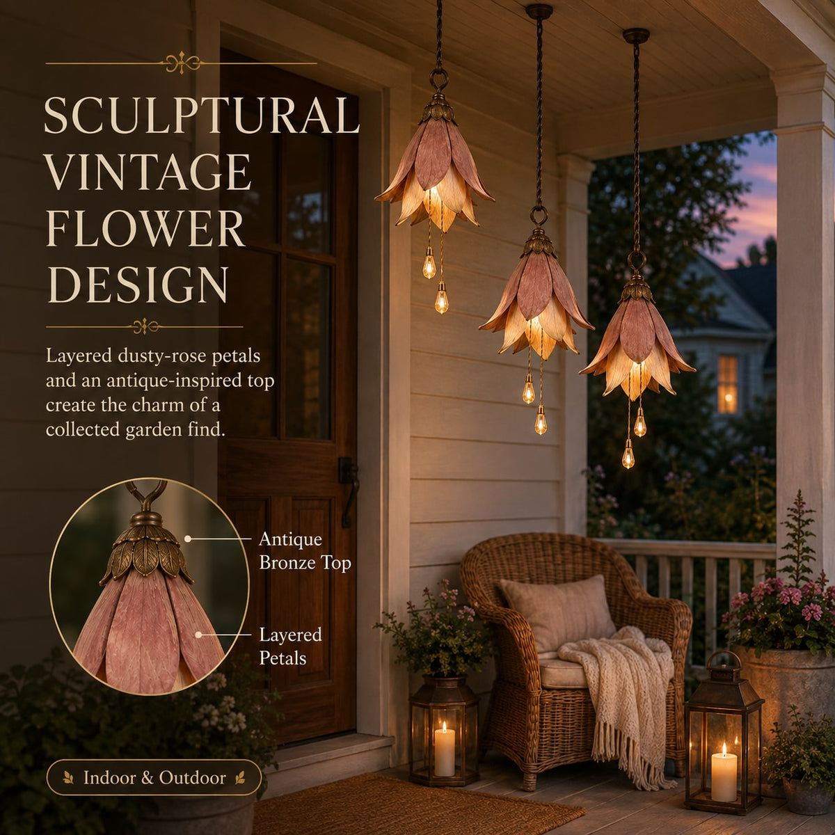 Vintage Hanging Flower Pendant Light with Dangling Bulbs for Porch and Patio