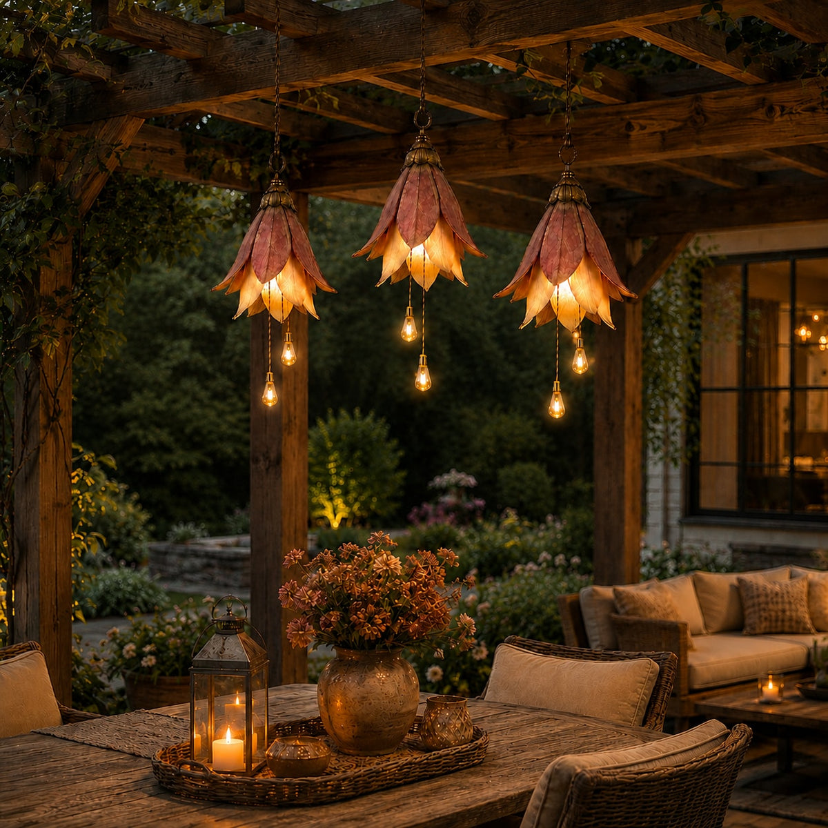 Vintage Hanging Flower Pendant Light with Dangling Bulbs for Porch and Patio