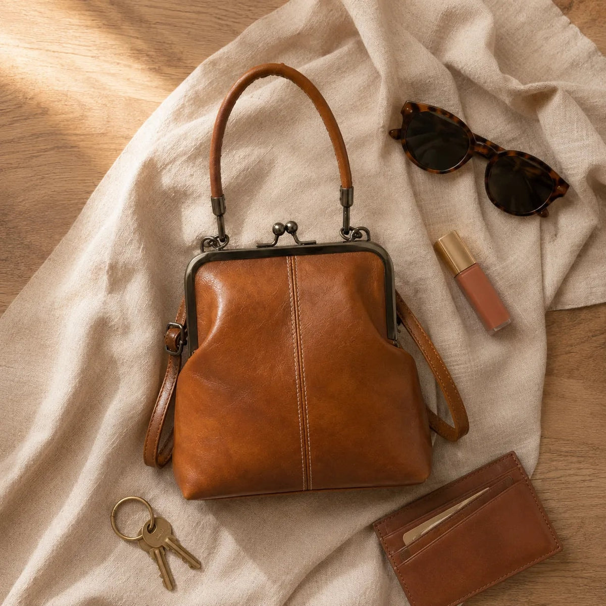 Vintage Kiss Lock Crossbody Bag with Top Handle and Detachable Strap