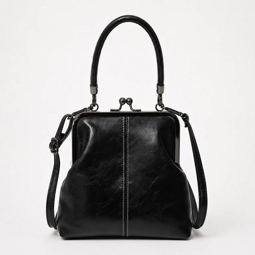 Vintage Kiss Lock Crossbody Bag with Top Handle and Detachable Strap