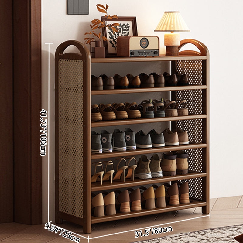 Vintage Rattan Shoe Rack with Bamboo Frame and Open Tiered Shelves for Entryway