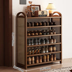Vintage Rattan Shoe Rack with Bamboo Frame and Open Tiered Shelves for Entryway