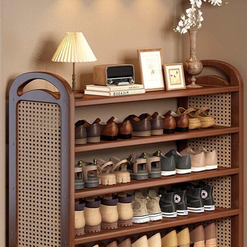 Vintage Rattan Shoe Rack with Bamboo Frame and Open Tiered Shelves for Entryway