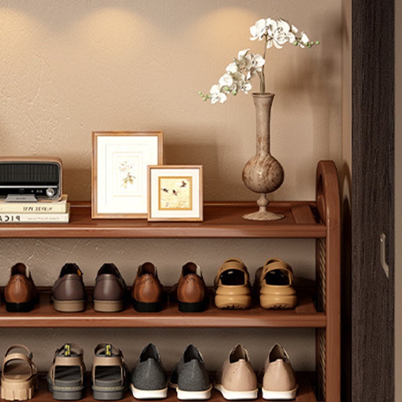 Vintage Rattan Shoe Rack with Bamboo Frame and Open Tiered Shelves for Entryway