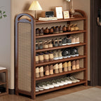 Vintage Rattan Shoe Rack with Bamboo Frame and Open Tiered Shelves for Entryway