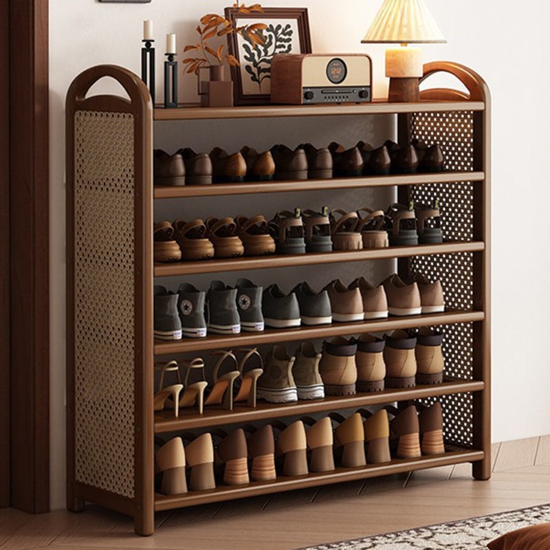 Vintage Rattan Shoe Rack with Bamboo Frame and Open Tiered Shelves for Entryway