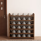 Vintage Rattan Shoe Rack with Bamboo Frame and Open Tiered Shelves for Entryway