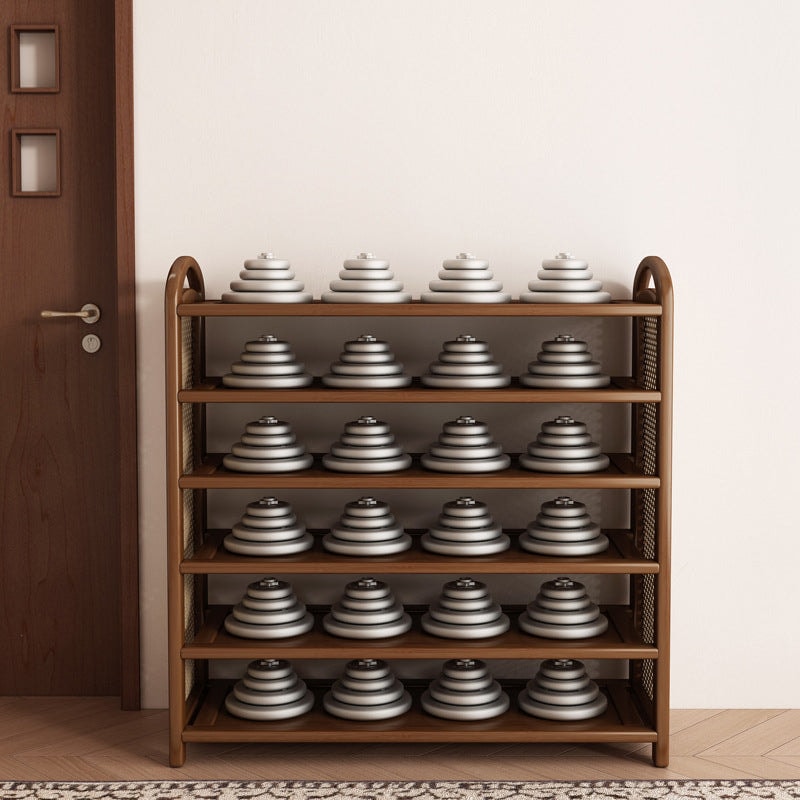 Vintage Rattan Shoe Rack with Bamboo Frame and Open Tiered Shelves for Entryway