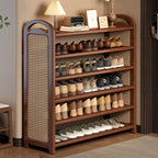 Vintage Rattan Shoe Rack with Bamboo Frame and Open Tiered Shelves for Entryway