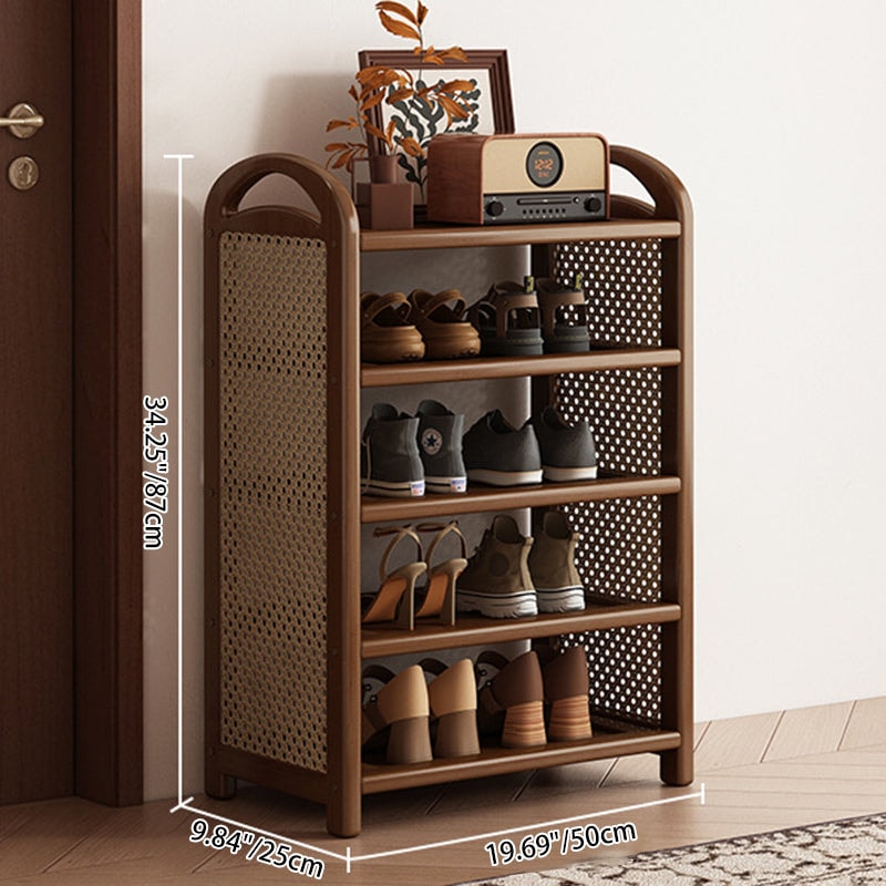 Vintage Rattan Shoe Rack with Bamboo Frame and Open Tiered Shelves for Entryway