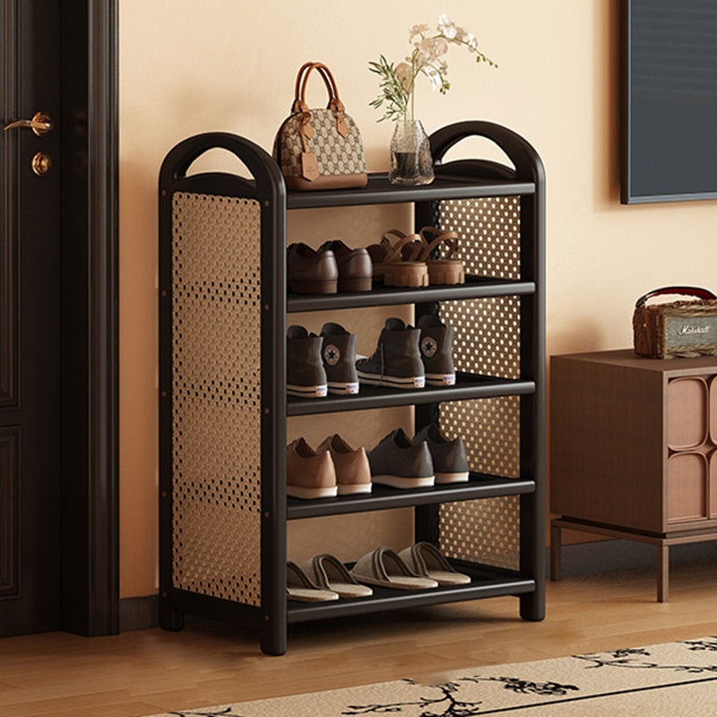 Vintage Rattan Shoe Rack with Bamboo Frame and Open Tiered Shelves for Entryway