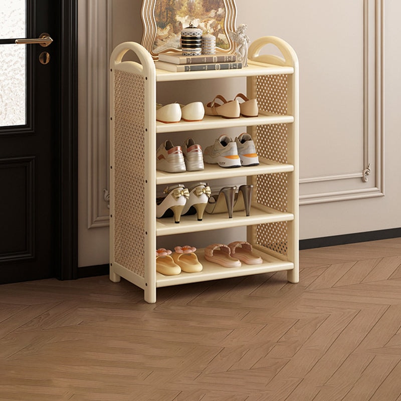 Vintage Rattan Shoe Rack with Bamboo Frame and Open Tiered Shelves for Entryway