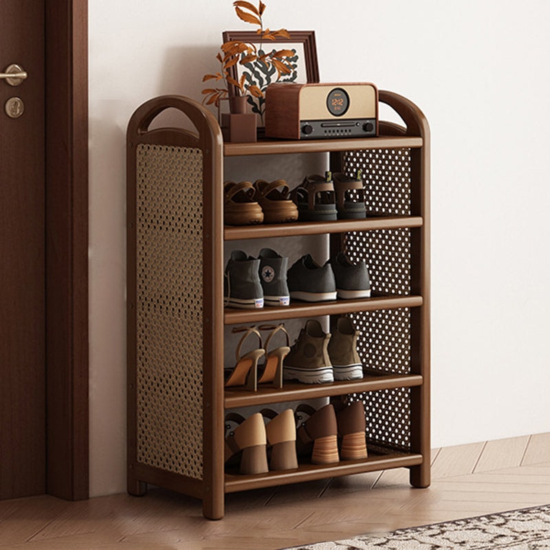 Vintage Rattan Shoe Rack with Bamboo Frame and Open Tiered Shelves for Entryway