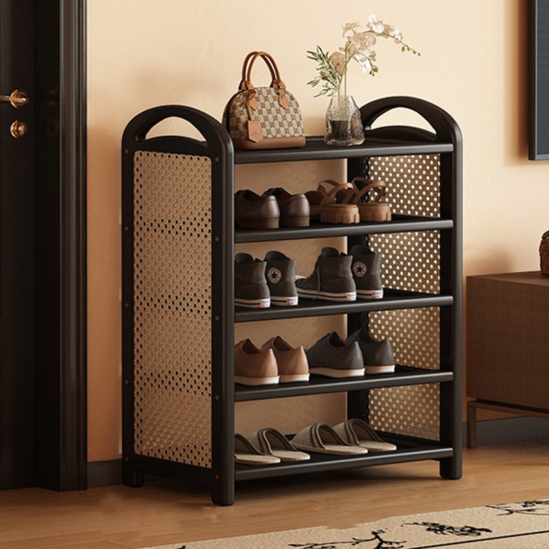 Vintage Rattan Shoe Rack with Bamboo Frame and Open Tiered Shelves for Entryway