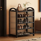 Vintage Rattan Shoe Rack with Bamboo Frame and Open Tiered Shelves for Entryway