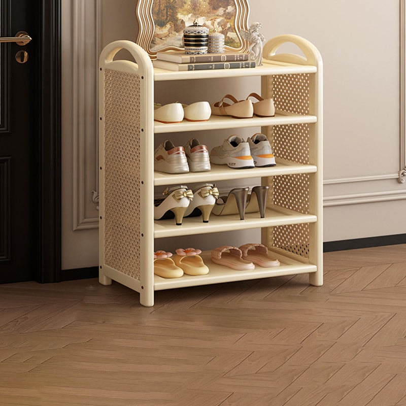 Vintage Rattan Shoe Rack with Bamboo Frame and Open Tiered Shelves for Entryway
