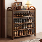 Vintage Rattan Shoe Rack with Bamboo Frame and Open Tiered Shelves for Entryway
