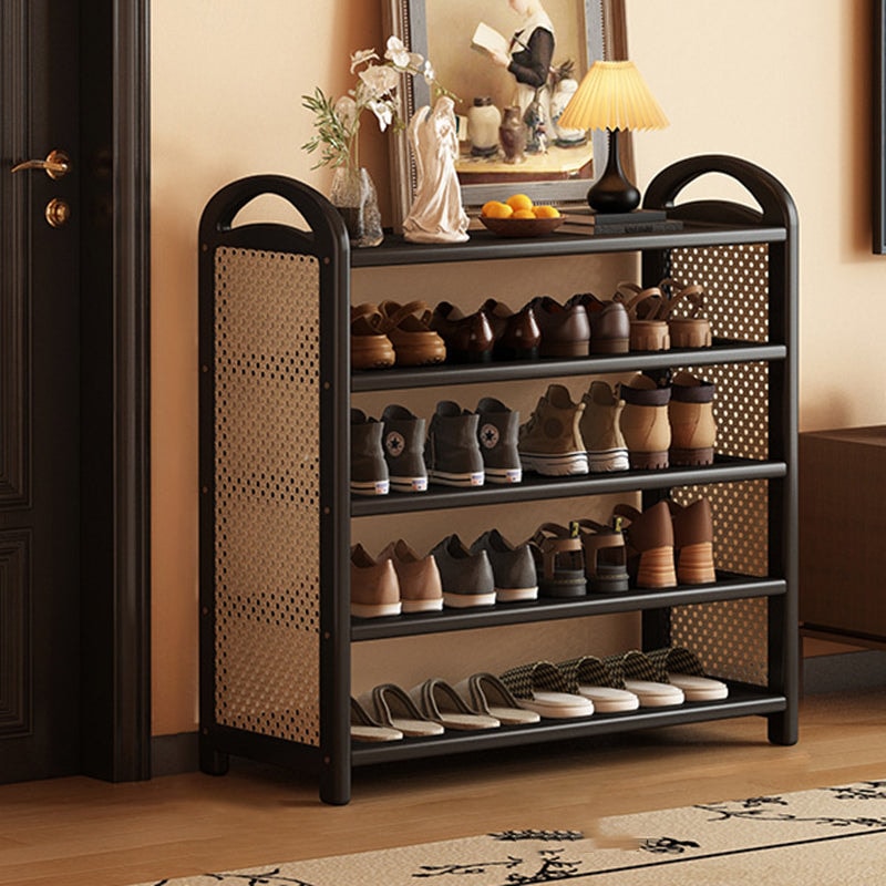 Vintage Rattan Shoe Rack with Bamboo Frame and Open Tiered Shelves for Entryway