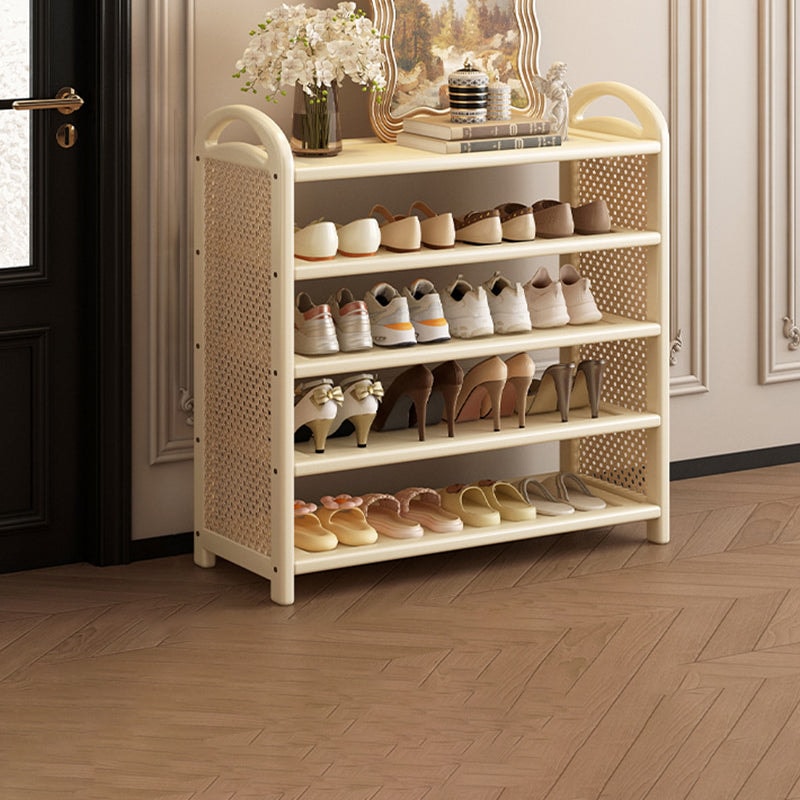 Vintage Rattan Shoe Rack with Bamboo Frame and Open Tiered Shelves for Entryway