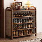 Vintage Rattan Shoe Rack with Bamboo Frame and Open Tiered Shelves for Entryway
