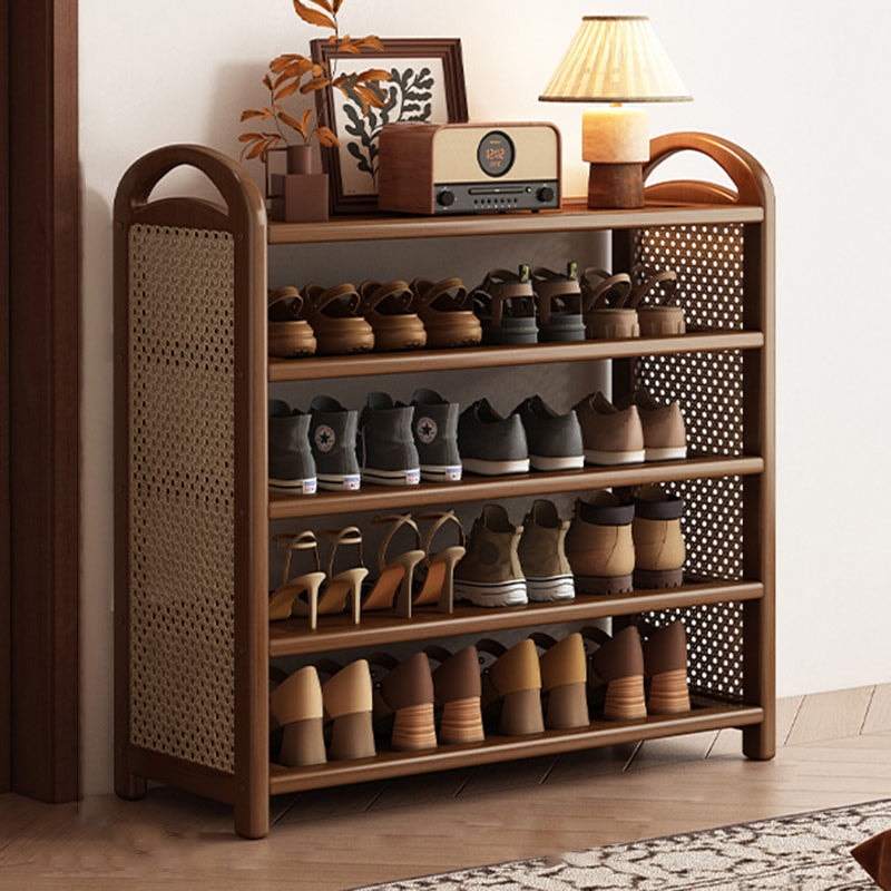 Vintage Rattan Shoe Rack with Bamboo Frame and Open Tiered Shelves for Entryway