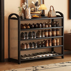 Vintage Rattan Shoe Rack with Bamboo Frame and Open Tiered Shelves for Entryway