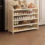 Vintage Rattan Shoe Rack with Bamboo Frame and Open Tiered Shelves for Entryway