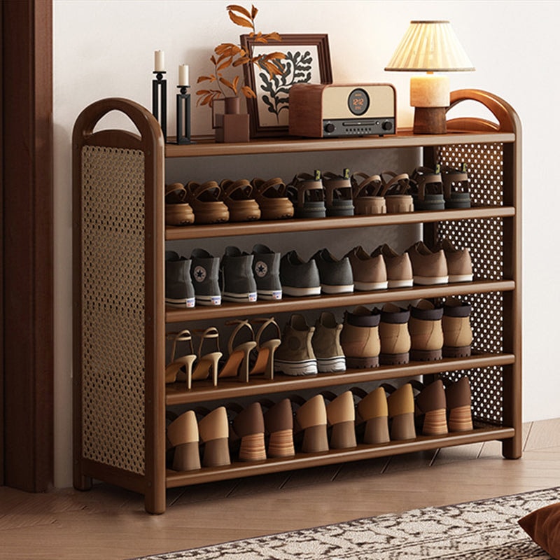 Vintage Rattan Shoe Rack with Bamboo Frame and Open Tiered Shelves for Entryway