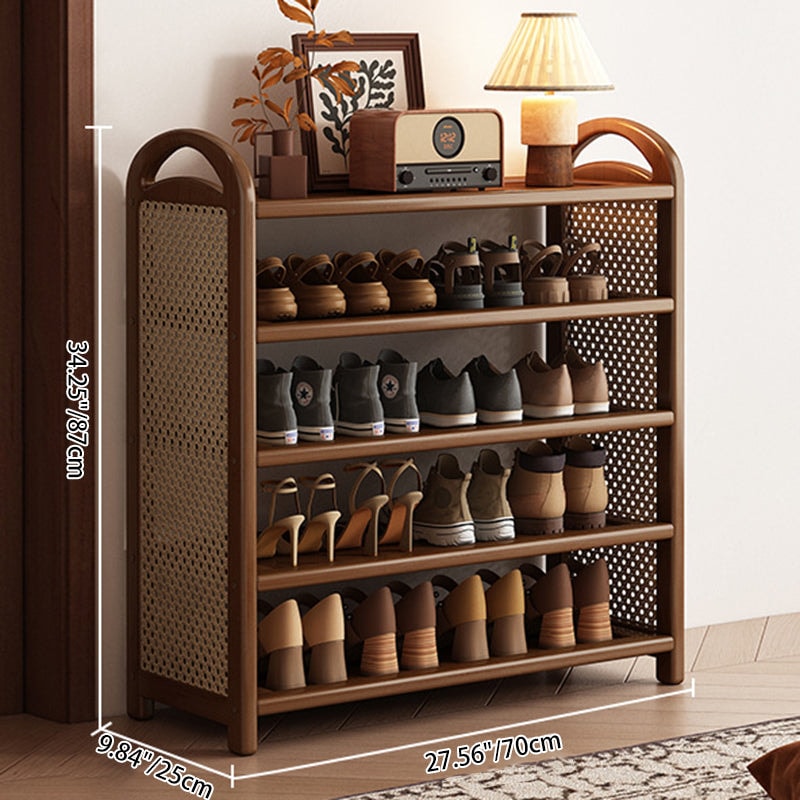 Vintage Rattan Shoe Rack with Bamboo Frame and Open Tiered Shelves for Entryway