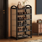 Vintage Rattan Shoe Rack with Bamboo Frame and Open Tiered Shelves for Entryway