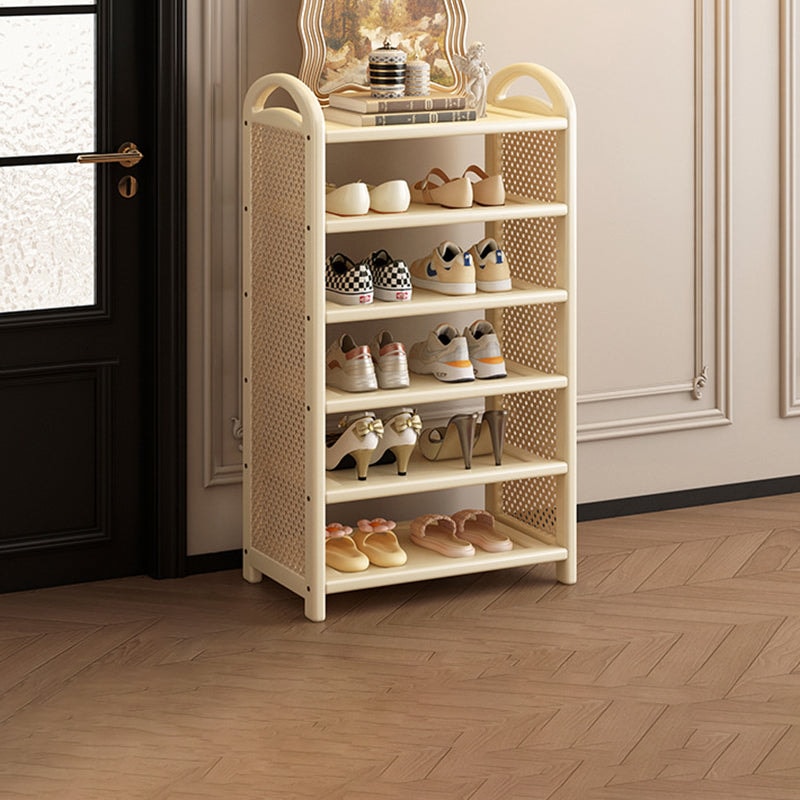 Vintage Rattan Shoe Rack with Bamboo Frame and Open Tiered Shelves for Entryway