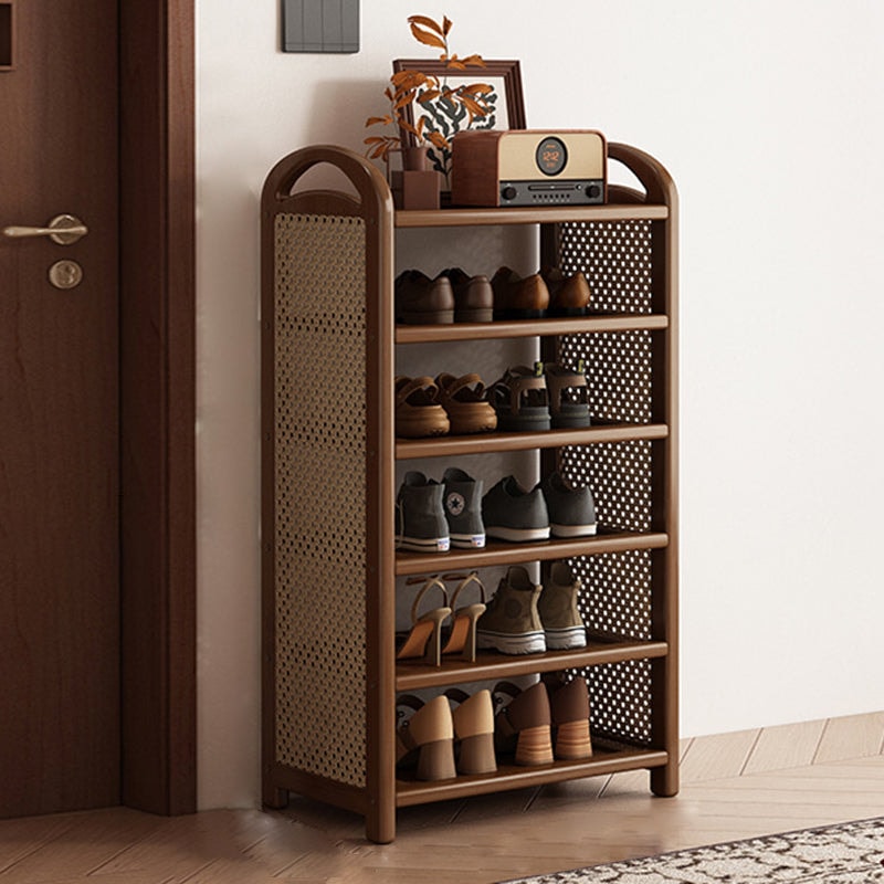 Vintage Rattan Shoe Rack with Bamboo Frame and Open Tiered Shelves for Entryway