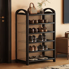 Vintage Rattan Shoe Rack with Bamboo Frame and Open Tiered Shelves for Entryway