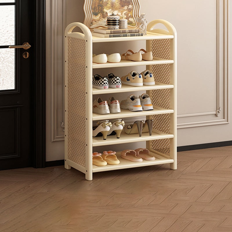 Vintage Rattan Shoe Rack with Bamboo Frame and Open Tiered Shelves for Entryway