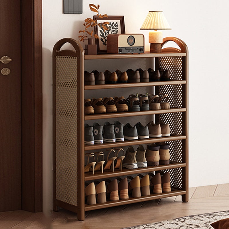Vintage Rattan Shoe Rack with Bamboo Frame and Open Tiered Shelves for Entryway