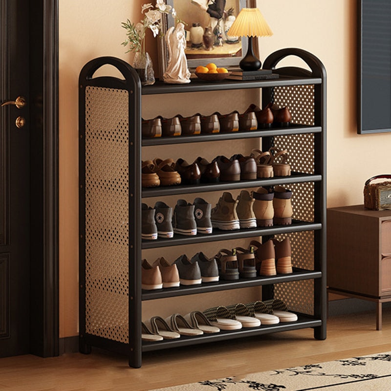 Vintage Rattan Shoe Rack with Bamboo Frame and Open Tiered Shelves for Entryway