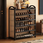 Vintage Rattan Shoe Rack with Bamboo Frame and Open Tiered Shelves for Entryway