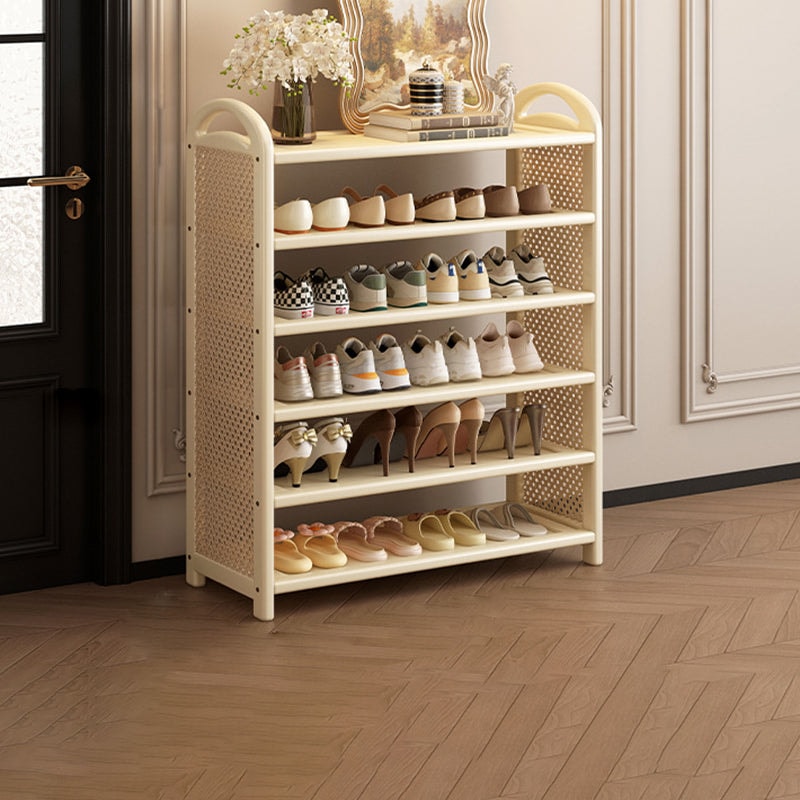 Vintage Rattan Shoe Rack with Bamboo Frame and Open Tiered Shelves for Entryway
