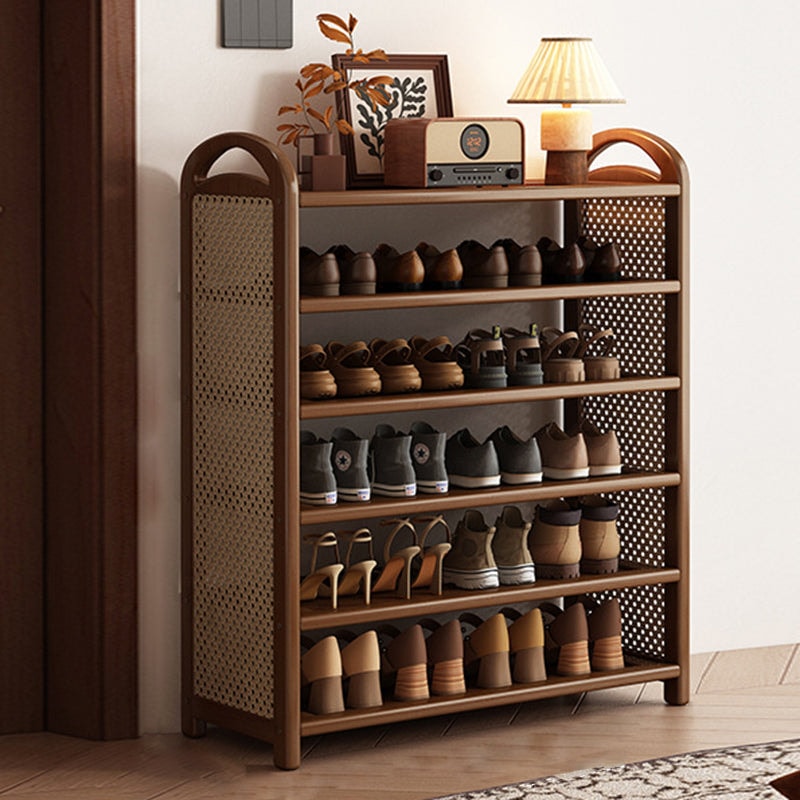 Vintage Rattan Shoe Rack with Bamboo Frame and Open Tiered Shelves for Entryway
