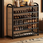 Vintage Rattan Shoe Rack with Bamboo Frame and Open Tiered Shelves for Entryway