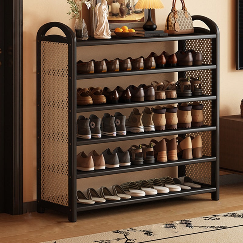 Vintage Rattan Shoe Rack with Bamboo Frame and Open Tiered Shelves for Entryway