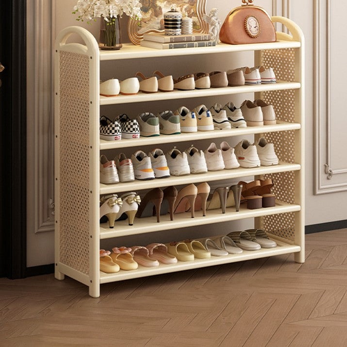 Vintage Rattan Shoe Rack with Bamboo Frame and Open Tiered Shelves for Entryway