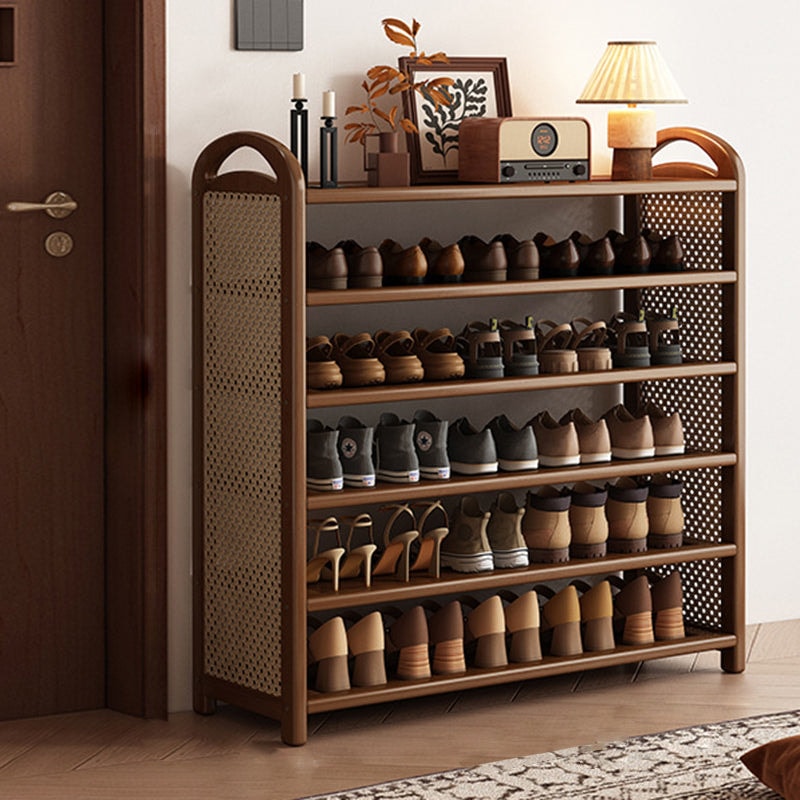 Vintage Rattan Shoe Rack with Bamboo Frame and Open Tiered Shelves for Entryway