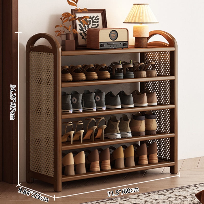 Vintage Rattan Shoe Rack with Bamboo Frame and Open Tiered Shelves for Entryway