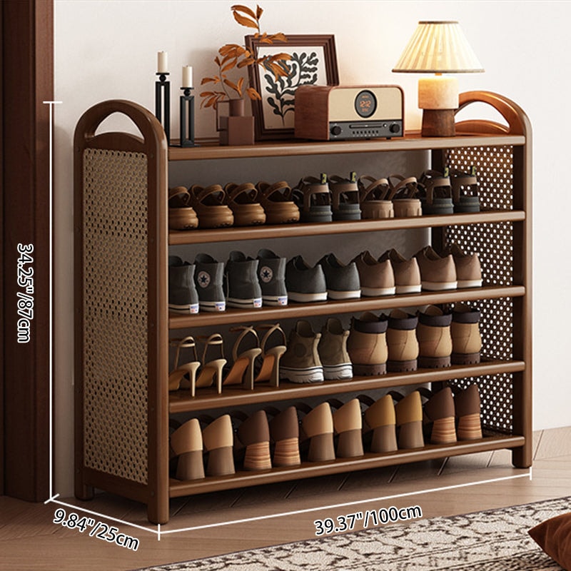Vintage Rattan Shoe Rack with Bamboo Frame and Open Tiered Shelves for Entryway