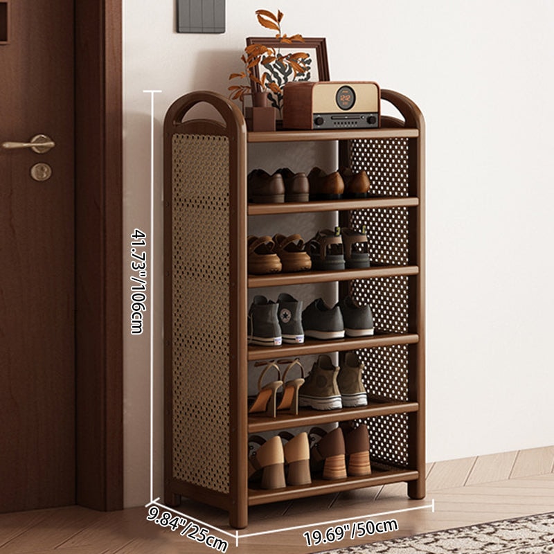 Vintage Rattan Shoe Rack with Bamboo Frame and Open Tiered Shelves for Entryway